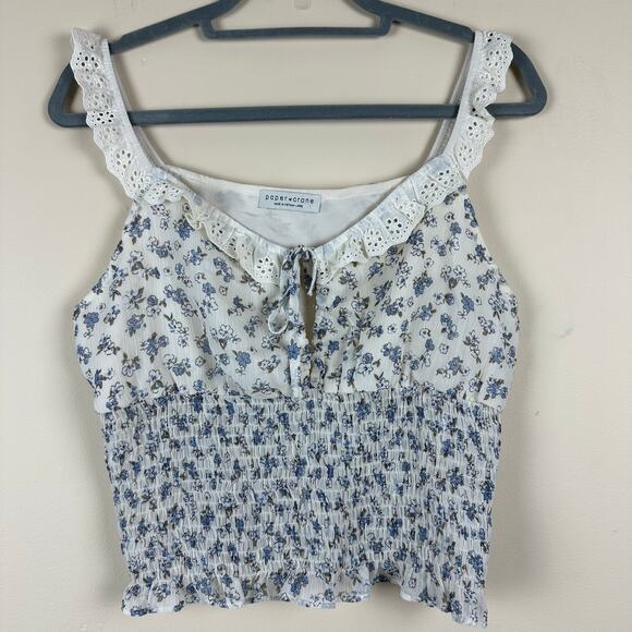 Paper Crane Floral Smocked Lace Trim Crop Top Size L Festival Y2K Fairy Coquette - Picture 2 of 8